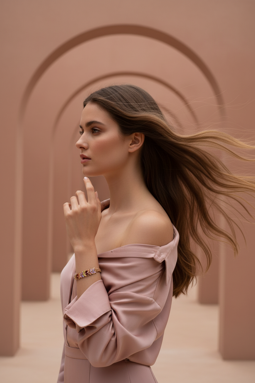 Woman in a pink dress standing in an architectural setting with arches.