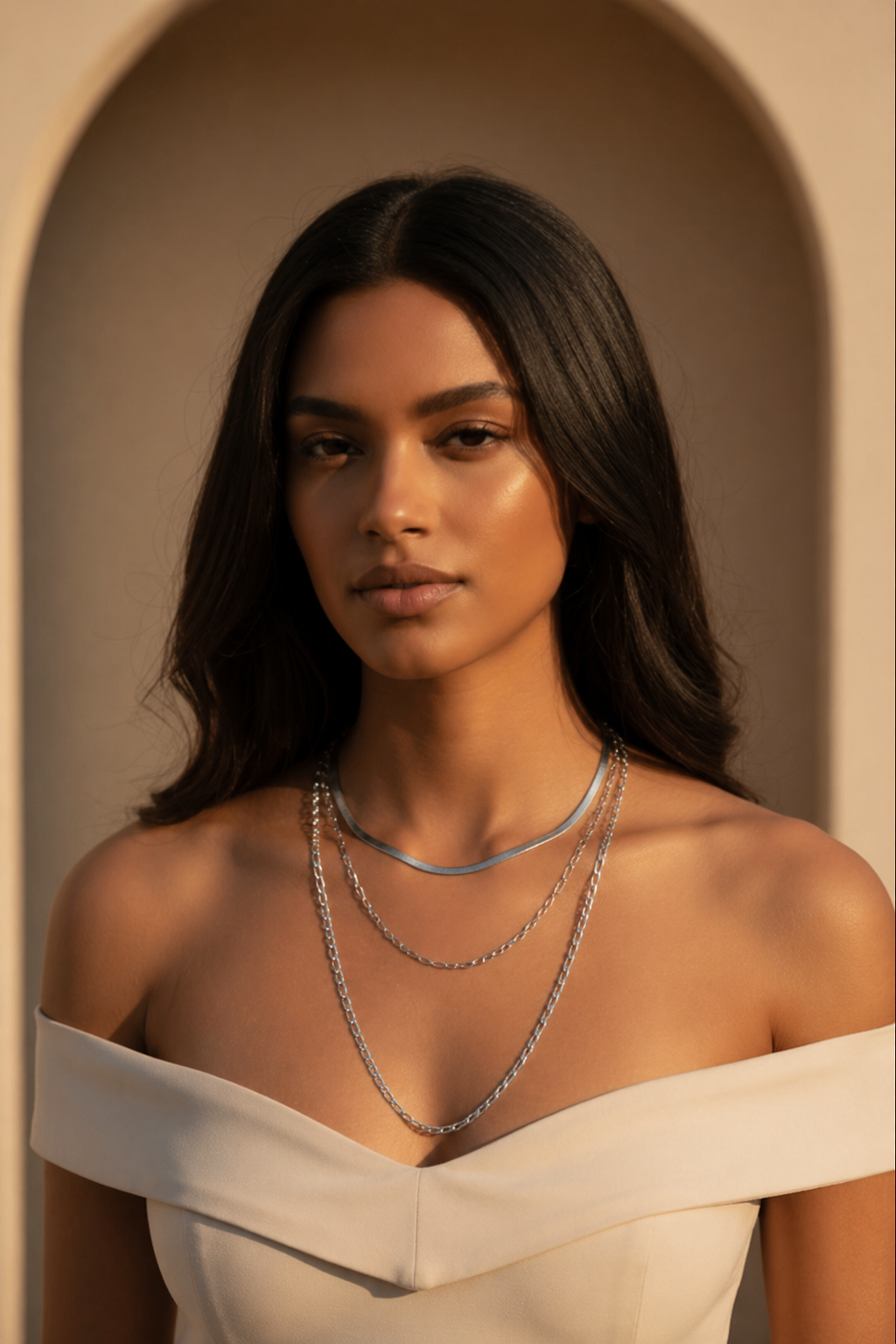 Atelier Layer Necklace — Silver fine chain necklace silver-tone lifestyle shot worn on model against neutral background, ZARIÉ fine jewellery ÉLORA collection