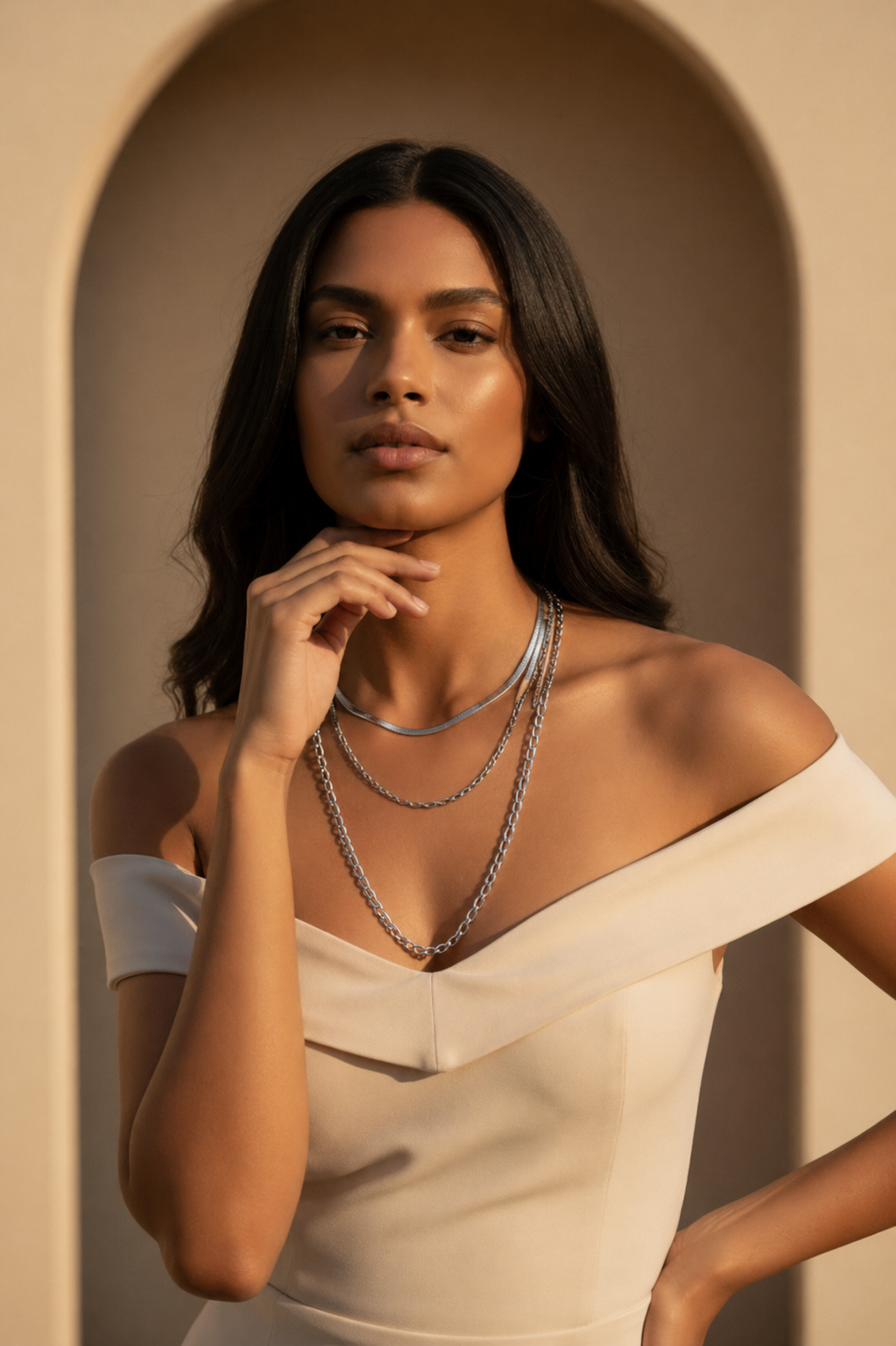 Atelier Layer Necklace — Silver fine chain necklace silver-tone lifestyle shot worn on model against neutral background, ZARIÉ fine jewellery ÉLORA collection