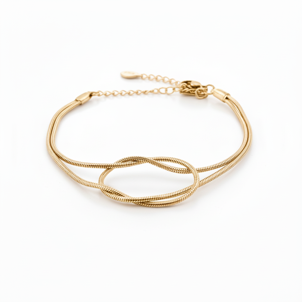 Aura Knot Bracelet — Gold delicate bracelet champagne gold-tone with knot detail on clean white background, product flat lay, ZARIÉ fine jewellery SÉRÉNITÉ collection
