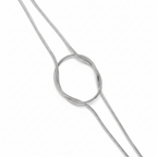 Silver necklace with a circular pendant on a white background