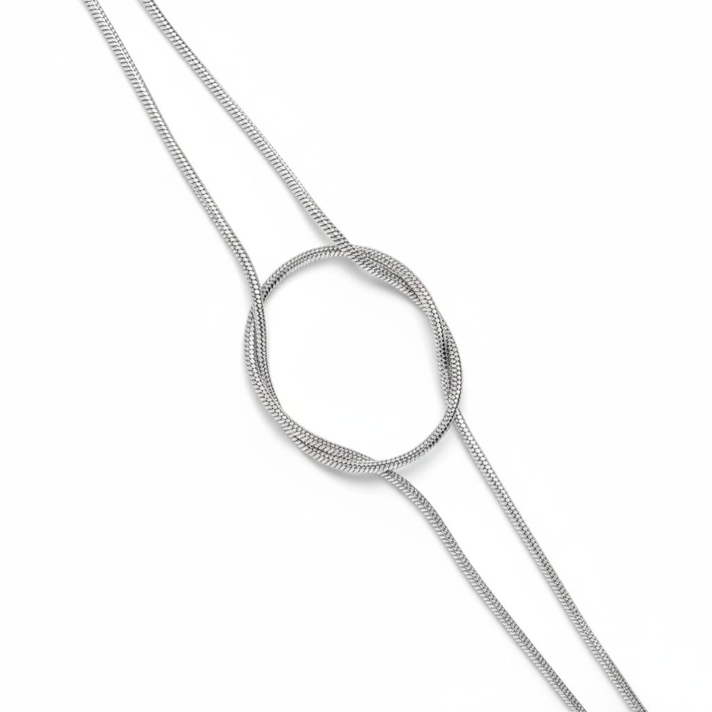 Silver necklace with a circular pendant on a white background