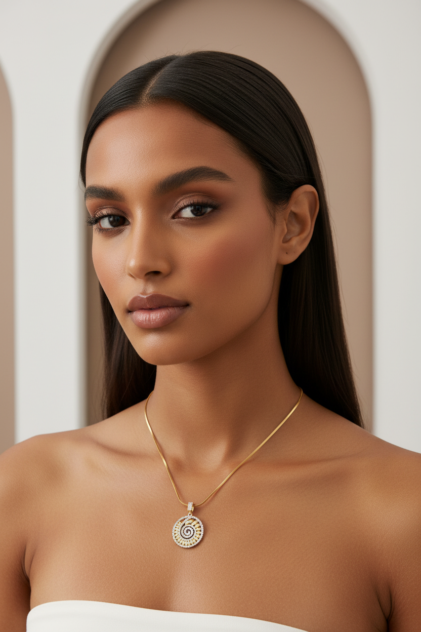Aurelia Spiral Pendant — Gold pendant necklace champagne gold-tone on clean white background, product flat lay, ZARIÉ fine jewellery LUMIÈRE collection