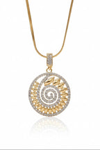Aurelia Spiral Pendant — Gold pendant necklace champagne gold-tone lifestyle shot worn on model against neutral background, ZARIÉ fine jewellery LUMIÈRE collection