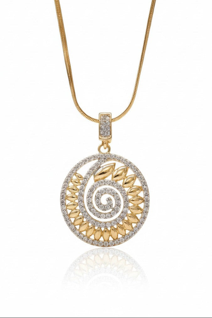 Aurelia Spiral Pendant — Gold pendant necklace champagne gold-tone lifestyle shot worn on model against neutral background, ZARIÉ fine jewellery LUMIÈRE collection