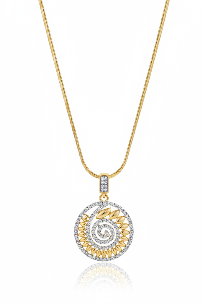 Aurelia Spiral Pendant — Gold pendant necklace champagne gold-tone additional product view on soft beige background, ZARIÉ fine jewellery LUMIÈRE collection