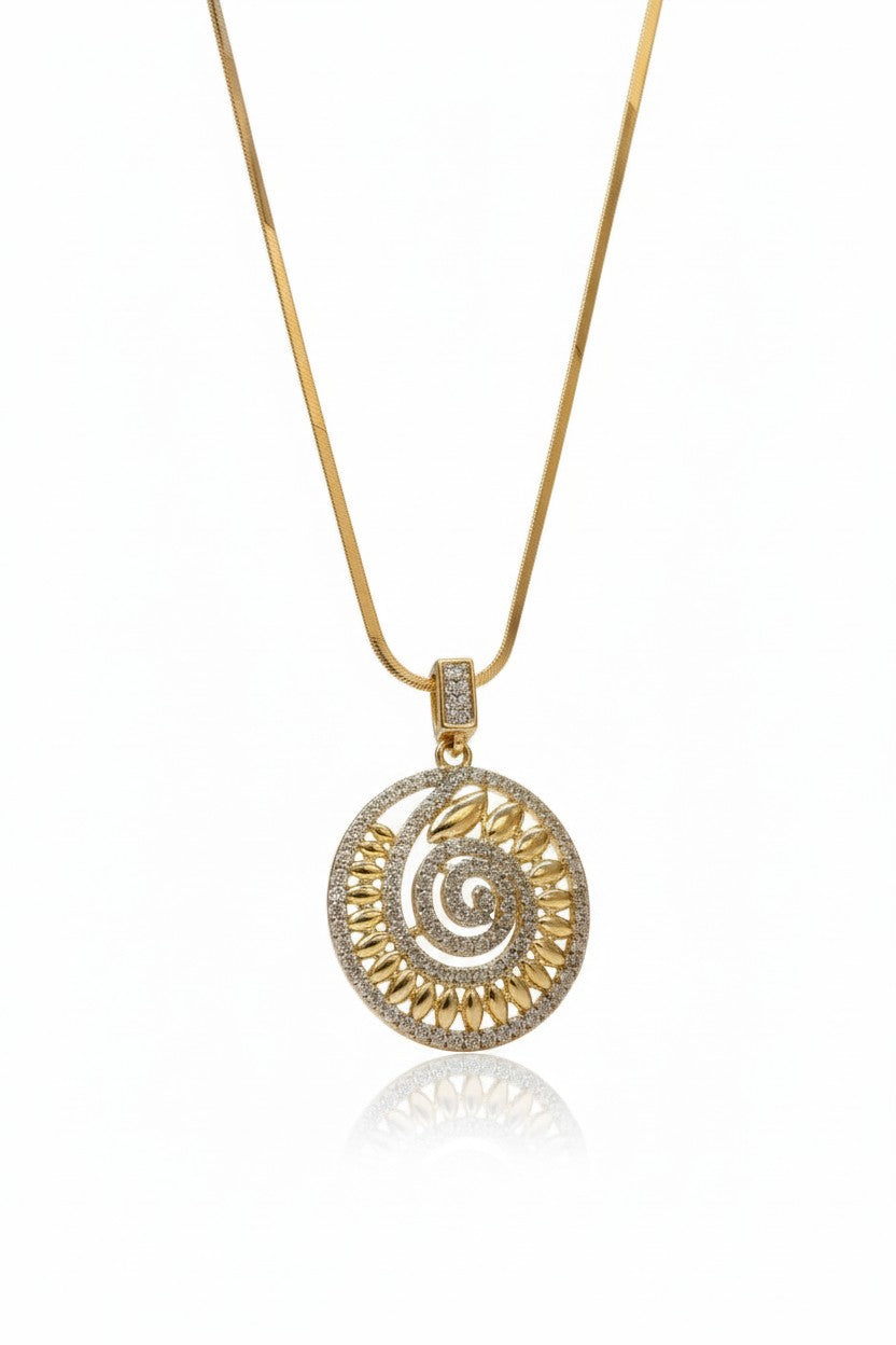 Aurelia Spiral Pendant — Gold pendant necklace champagne gold-tone additional product view on soft beige background, ZARIÉ fine jewellery LUMIÈRE collection