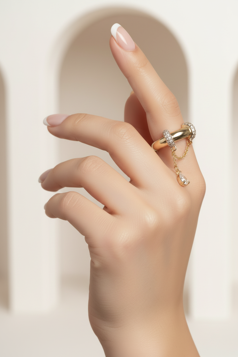 Aurelian Chain Ring fine chain necklace lifestyle shot worn on model against neutral background, ZARIÉ fine jewellery LUMIÈRE collection