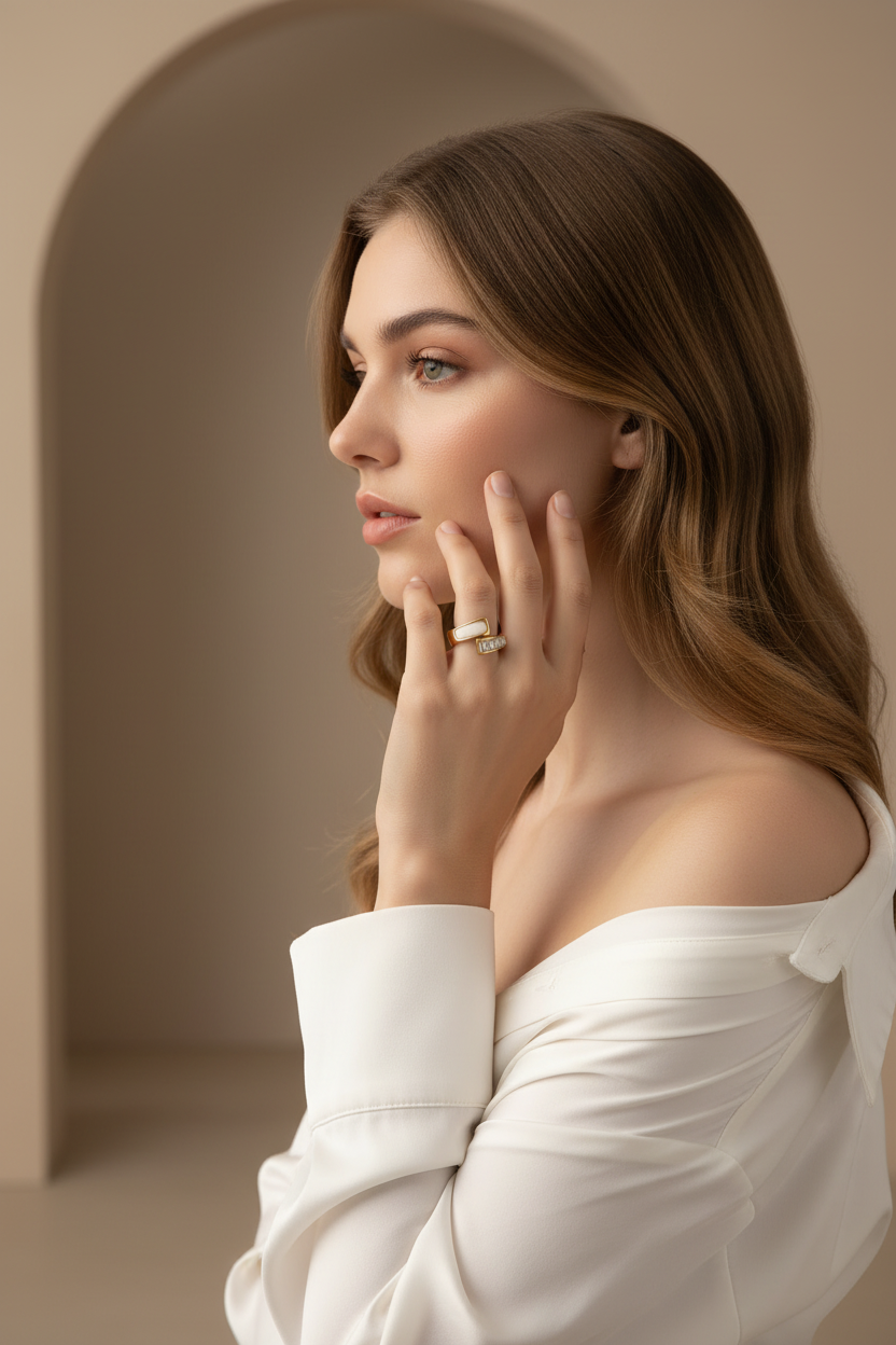 Aurélia Band fine jewellery piece lifestyle shot worn on model against neutral background, ZARIÉ fine jewellery SÉRÉNITÉ collection