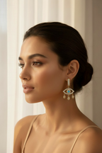 Aurora Eye Drop Earrings drop earrings lifestyle shot worn on model against neutral background, ZARIÉ fine jewellery RAYONNE collection