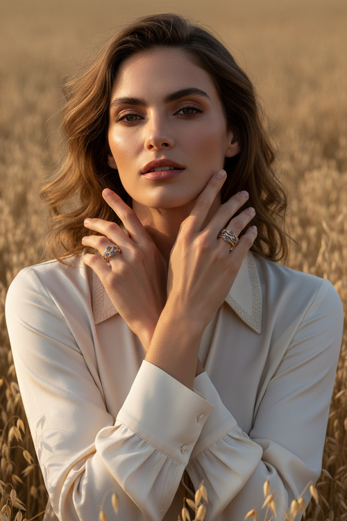 Azure Orbit Ring open band ring lifestyle shot worn on model against neutral background, ZARIÉ fine jewellery RAYONNE collection