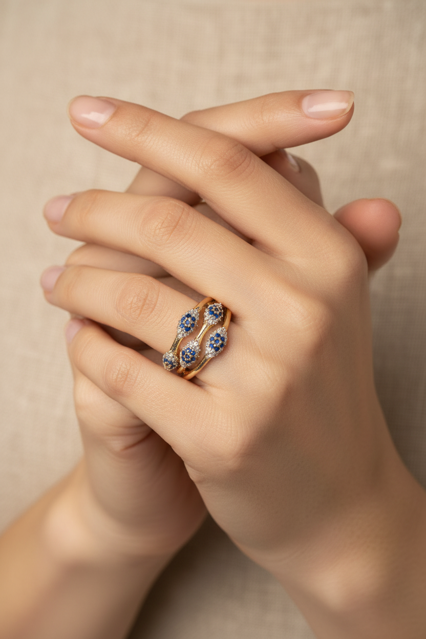 Azure Orbit Ring open band ring lifestyle shot worn on model against neutral background, ZARIÉ fine jewellery RAYONNE collection