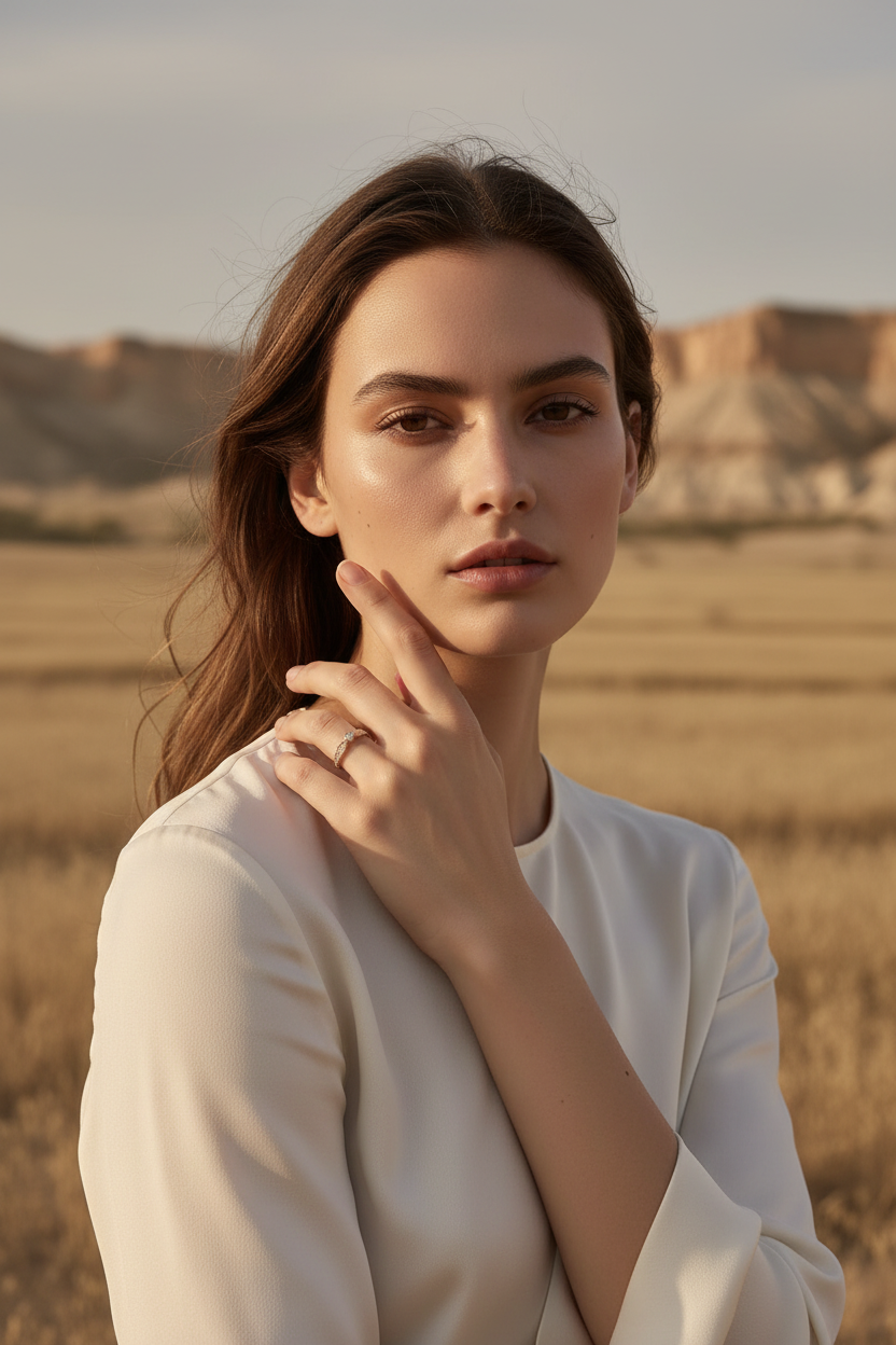 Bezel Arc Ring open band ring lifestyle shot worn on model against neutral background, ZARIÉ fine jewellery LUMIÈRE collection