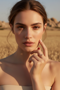 Bezel Glow Ring open band ring lifestyle shot worn on model against neutral background, ZARIÉ fine jewellery LUMIÈRE collection