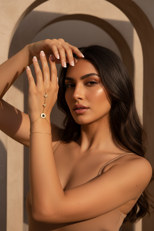 Celestial Charm Handpiece fine jewellery piece lifestyle shot worn on model against neutral background, ZARIÉ fine jewellery LUMIÈRE collection