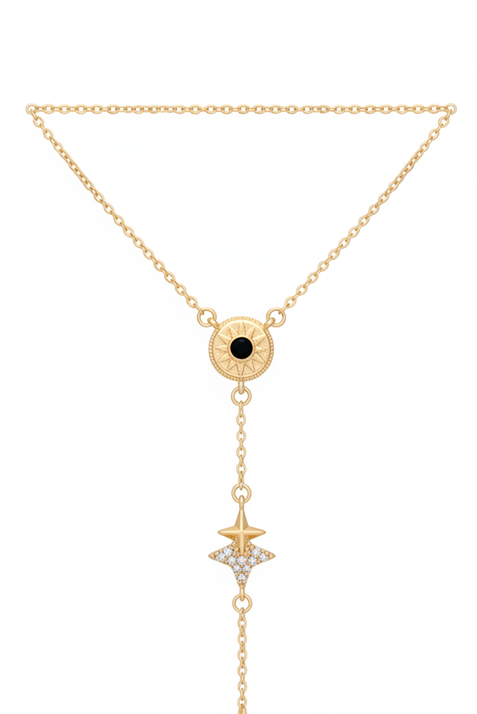 Celestial Charm Handpiece fine jewellery piece lifestyle shot worn on model against neutral background, ZARIÉ fine jewellery LUMIÈRE collection