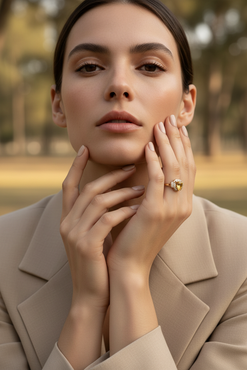 Citrine Drop Halo Ring drop earrings lifestyle shot worn on model against neutral background, ZARIÉ fine jewellery RAYONNE collection