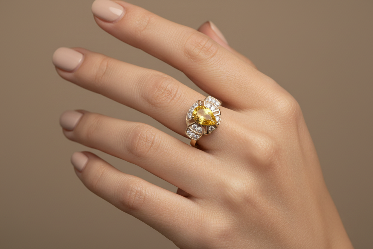 Hand wearing a ring with a yellow gemstone on a neutral background