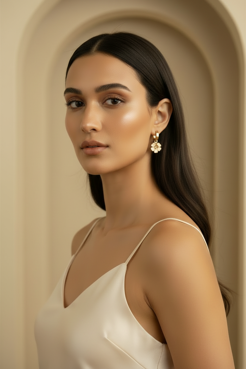 Clover Charm Hoop Earrings hoop earrings four-leaf clover motif lifestyle shot worn on model against neutral background, ZARIÉ fine jewellery SÉRÉNITÉ collection