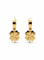 Clover Charm Hoop Earrings hoop earrings four-leaf clover motif on clean white background, product flat lay, ZARIÉ fine jewellery SÉRÉNITÉ collection