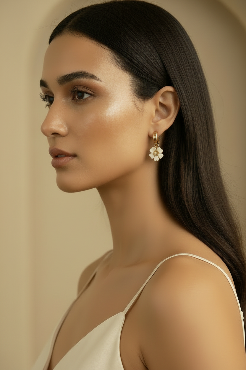Clover Charm Hoop Earrings hoop earrings four-leaf clover motif lifestyle shot worn on model against neutral background, ZARIÉ fine jewellery SÉRÉNITÉ collection