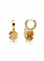 Clover Charm Hoop Earrings hoop earrings four-leaf clover motif on clean white background, product flat lay, ZARIÉ fine jewellery SÉRÉNITÉ collection