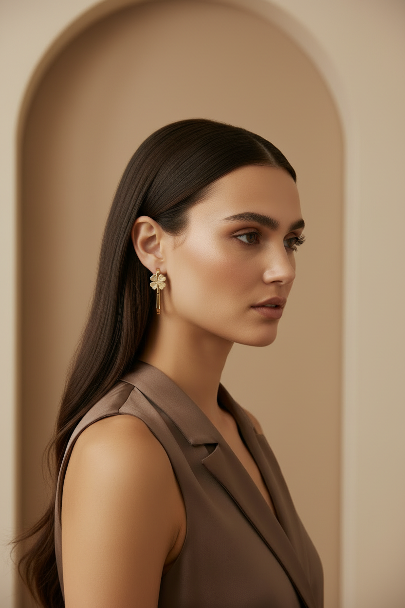 Clover Rectangle Earrings open band ring four-leaf clover motif lifestyle shot worn on model against neutral background, ZARIÉ fine jewellery SÉRÉNITÉ collection