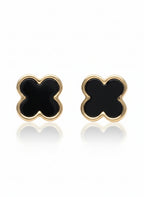 Pair of black clover-shaped earrings with gold outlines on a white background
