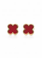 Red flower-shaped earrings with gold outlines on a white background