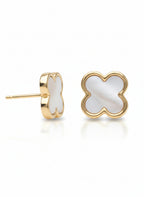 Pair of champagne gold four-leaf clover stud earrings with white mother-of-pearl clover-shaped inlay centres on clean white background, flat lay composition showing both earrings with butterfly back fastenings, polished metallic finish and refined minimal design for everyday wear