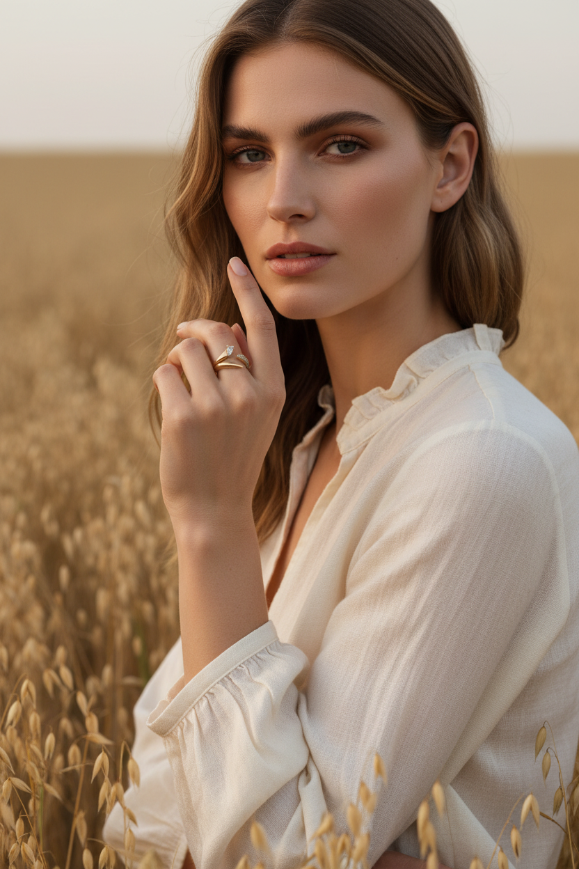 Coiled Radiance Ring open band ring lifestyle shot worn on model against neutral background, ZARIÉ fine jewellery LUMIÈRE collection