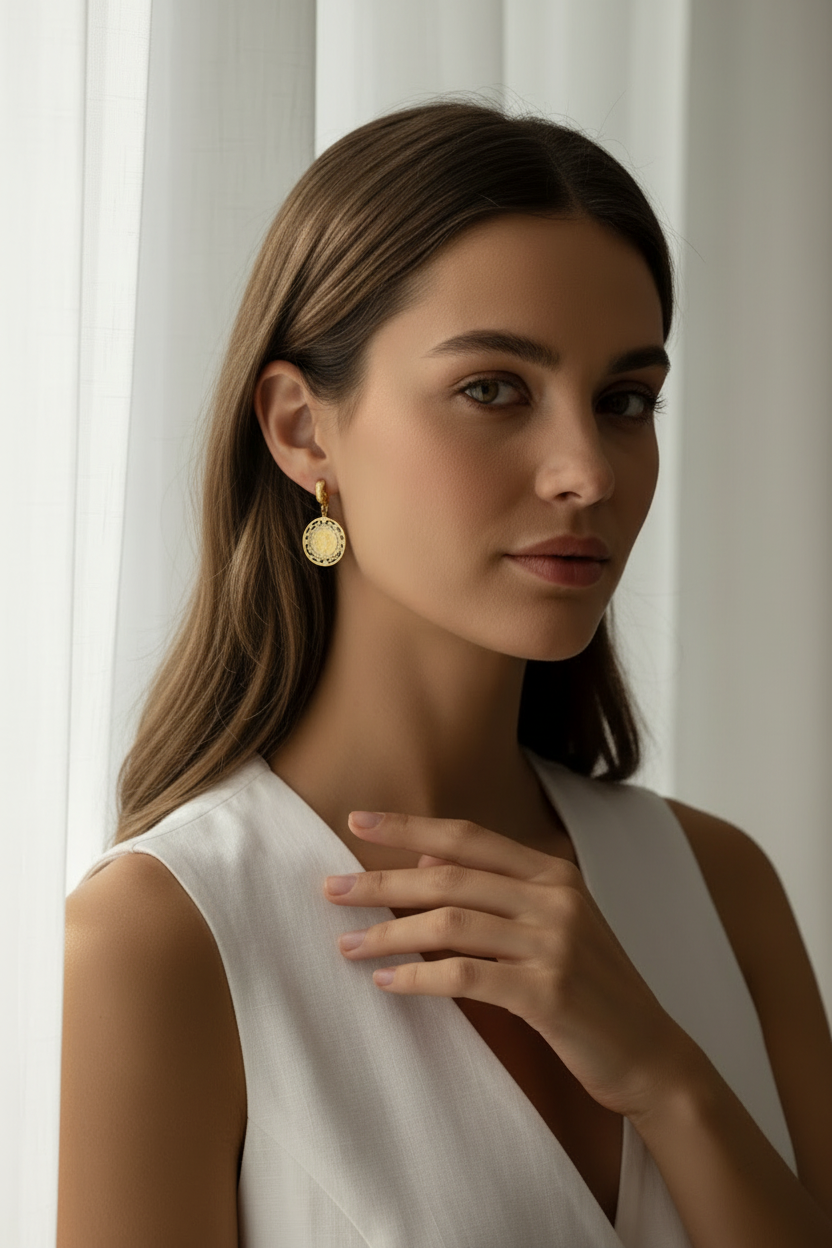 Coin Halo Drop Earrings drop earrings lifestyle shot worn on model against neutral background, ZARIÉ fine jewellery HARMONIE collection