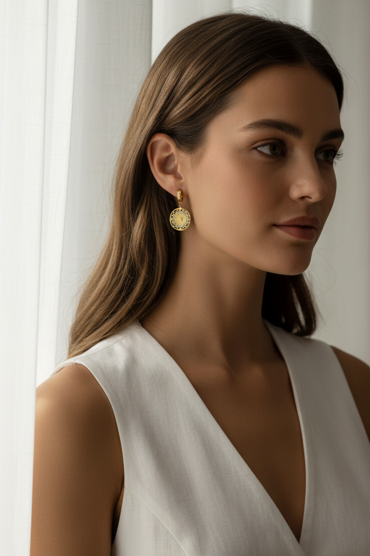 Coin Halo Drop Earrings drop earrings lifestyle shot worn on model against neutral background, ZARIÉ fine jewellery HARMONIE collection