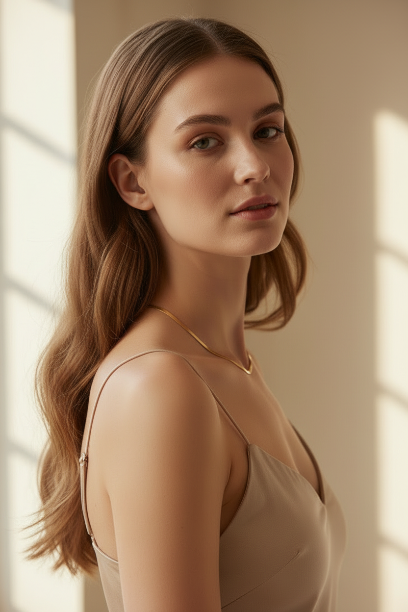 Contour Chain Necklace — Shortline fine chain necklace lifestyle shot worn on model against neutral background, ZARIÉ fine jewellery HARMONIE collection