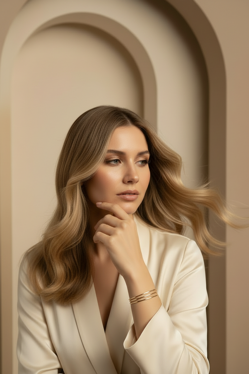 Contour Trio Bangles — Gold fine jewellery piece champagne gold-tone lifestyle shot worn on model against neutral background, ZARIÉ fine jewellery SÉRÉNITÉ collection