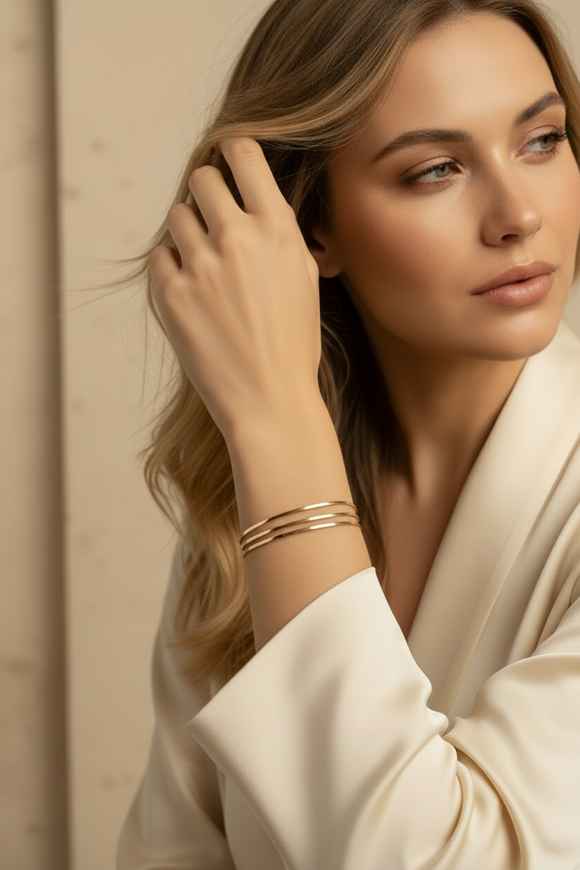 Contour Trio Bangles — Gold fine jewellery piece champagne gold-tone lifestyle shot worn on model against neutral background, ZARIÉ fine jewellery SÉRÉNITÉ collection