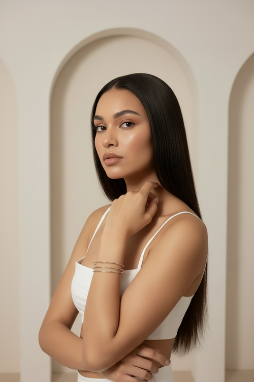 Contour Trio Bangles — Silver fine jewellery piece silver-tone lifestyle shot worn on model against neutral background, ZARIÉ fine jewellery ÉLORA collection