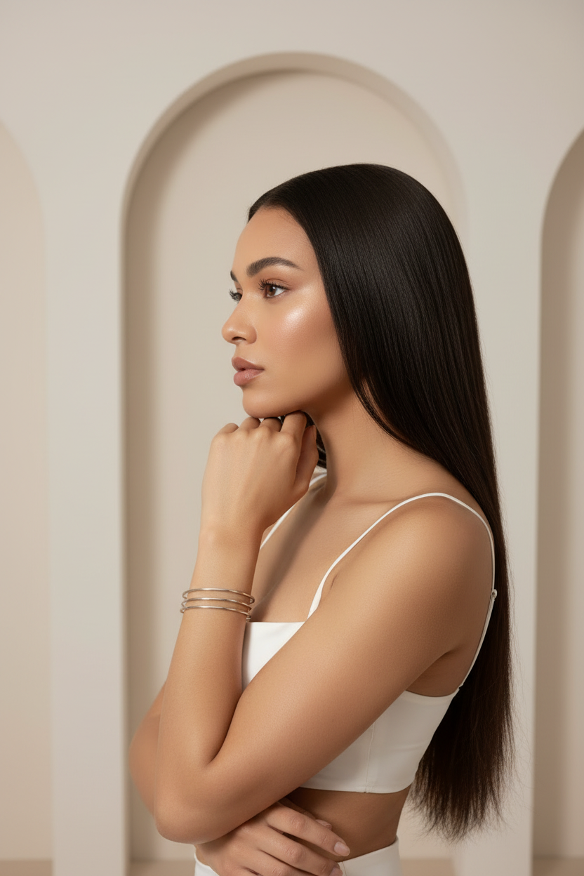 Contour Trio Bangles — Silver fine jewellery piece silver-tone lifestyle shot worn on model against neutral background, ZARIÉ fine jewellery ÉLORA collection