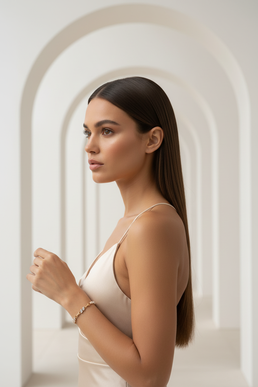 Crossed Teardrop Line Bracelet drop earrings lifestyle shot worn on model against neutral background, ZARIÉ fine jewellery LUMIÈRE collection