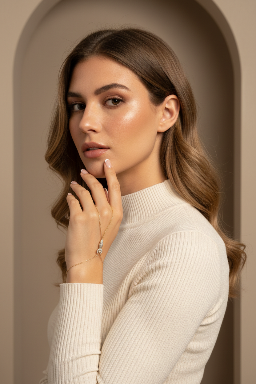 Crown Light Handpiece fine jewellery piece lifestyle shot worn on model against neutral background, ZARIÉ fine jewellery LUMIÈRE collection