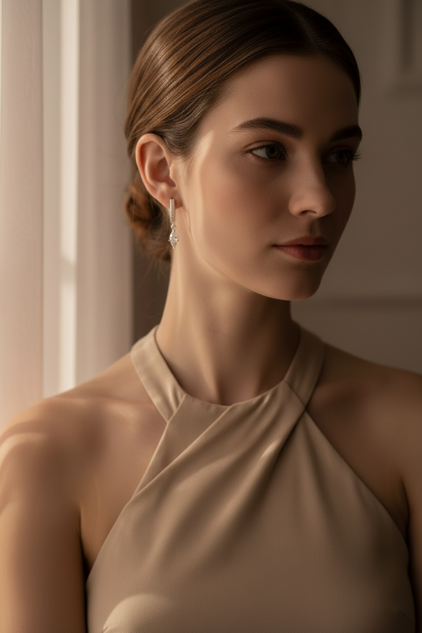 Crystal Drop Earrings – Classic drop earrings lifestyle shot worn on model against neutral background, ZARIÉ fine jewellery ÉLORA collection