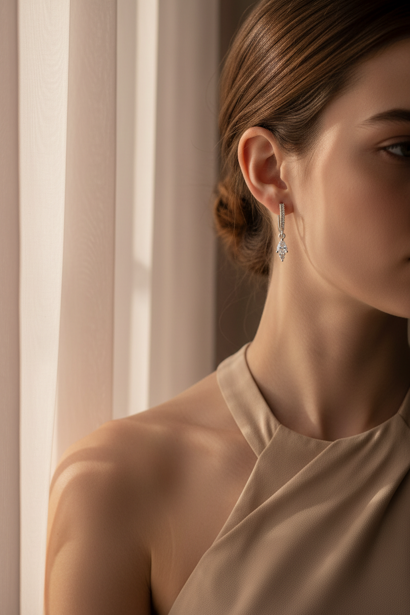 Crystal Drop Earrings – Classic drop earrings lifestyle shot worn on model against neutral background, ZARIÉ fine jewellery ÉLORA collection