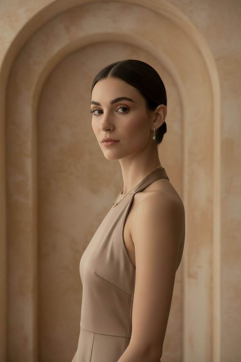 Crystal Drop Earrings – Petite drop earrings lifestyle shot worn on model against neutral background, ZARIÉ fine jewellery ÉLORA collection