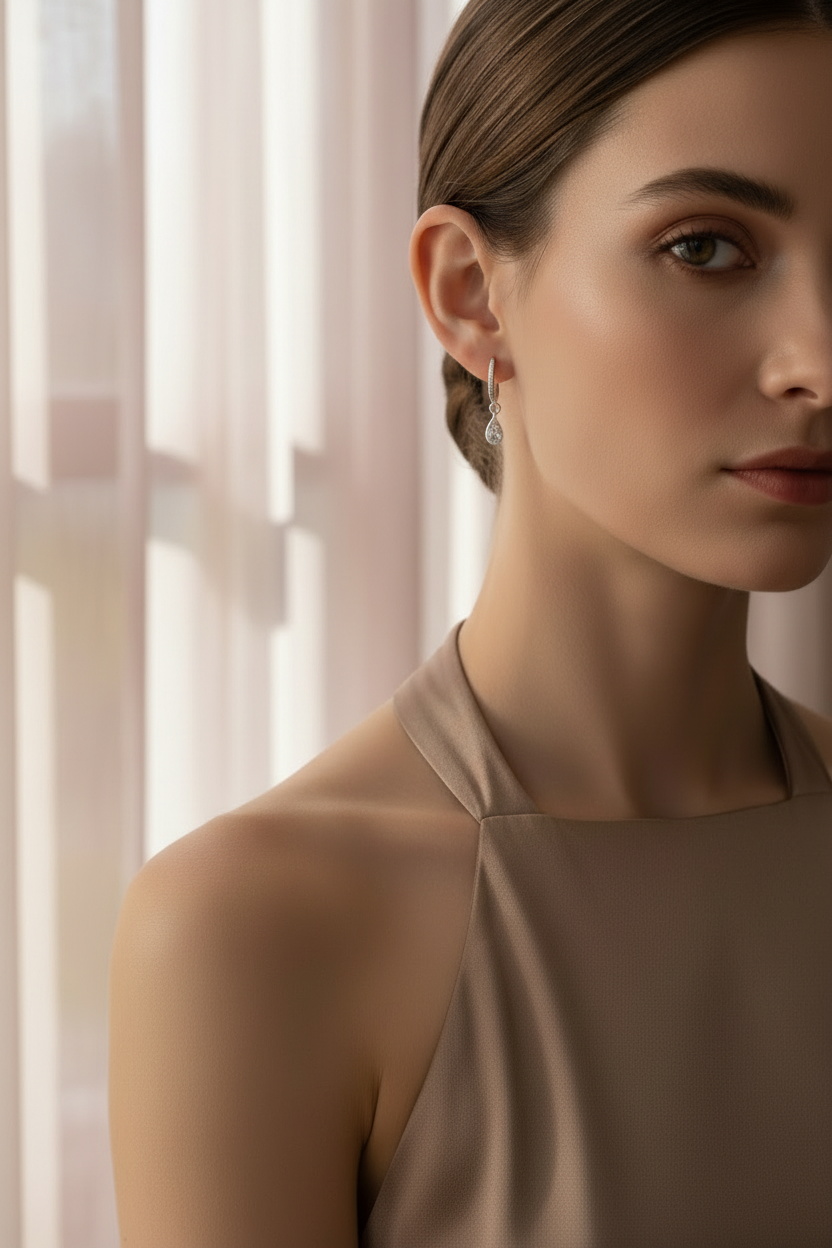 Crystal Drop Earrings – Petite drop earrings lifestyle shot worn on model against neutral background, ZARIÉ fine jewellery ÉLORA collection