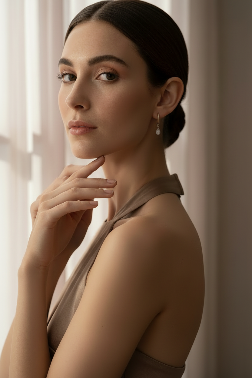 Crystal Drop Earrings – Petite drop earrings lifestyle shot worn on model against neutral background, ZARIÉ fine jewellery ÉLORA collection