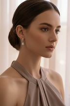 Crystal Drop Earrings – Statement drop earrings lifestyle shot worn on model against neutral background, ZARIÉ fine jewellery ÉLORA collection