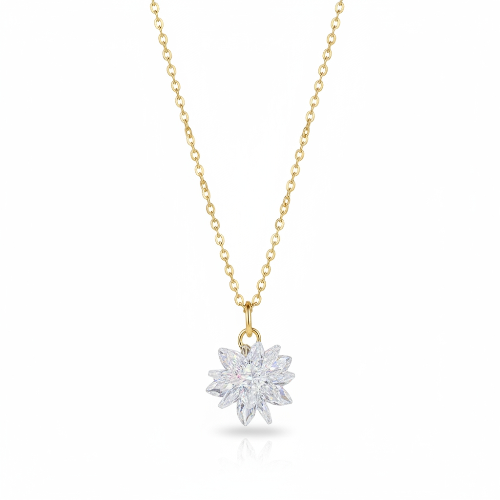 Crystal Snow Necklace — Gold fine chain necklace champagne gold-tone on clean white background, product flat lay, ZARIÉ fine jewellery LUMIÈRE collection
