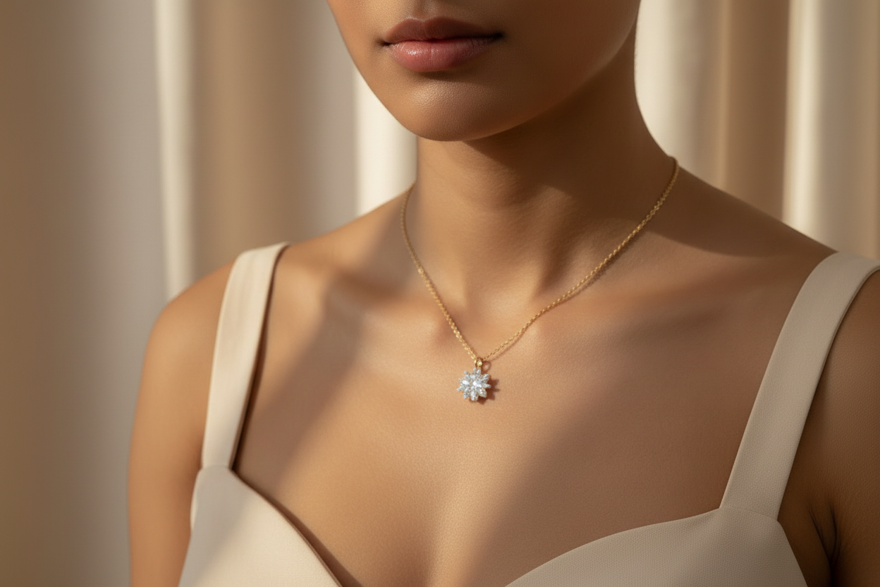 Crystal Snow Necklace — Gold fine chain necklace champagne gold-tone lifestyle shot worn on model against neutral background, ZARIÉ fine jewellery LUMIÈRE collection