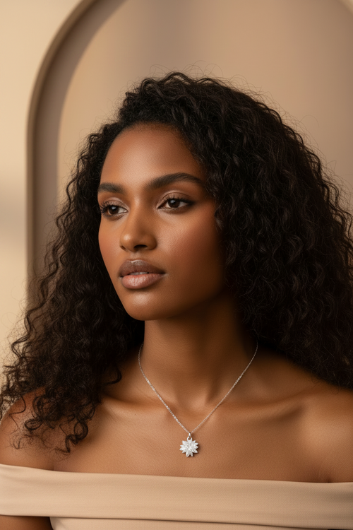 Crystal Snowflake Necklace — Silver fine chain necklace silver-tone lifestyle shot worn on model against neutral background, ZARIÉ fine jewellery ÉLORA collection