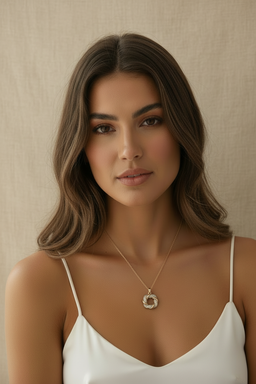 Woman wearing delicate champagne gold diamond knot pendant necklace against neutral beige background, minimal elegant design with thin chain and refined knot detail, soft natural lighting with warm undertones